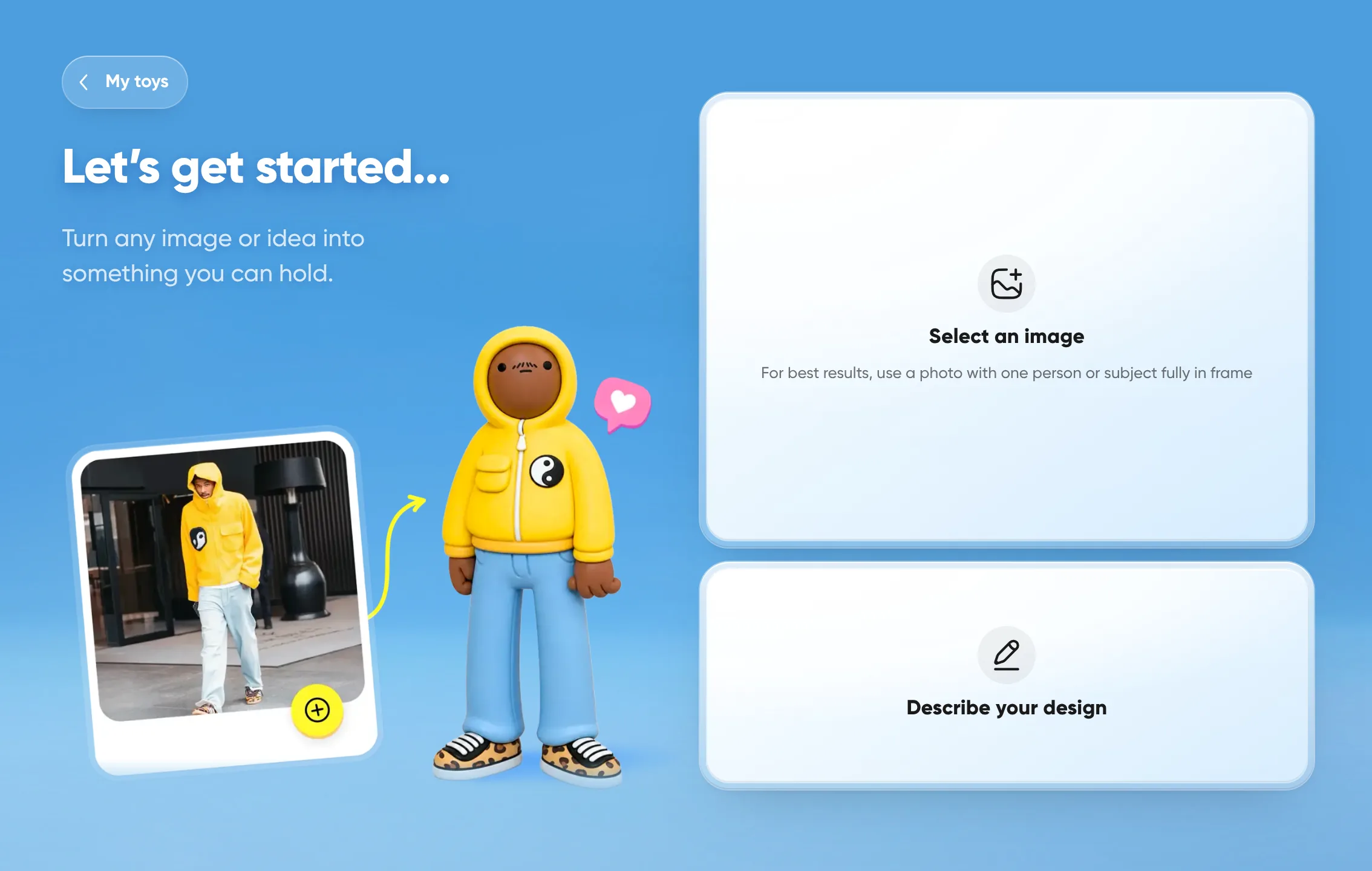 Doodles Toy Factory start screen with options to select an image or describe a design.