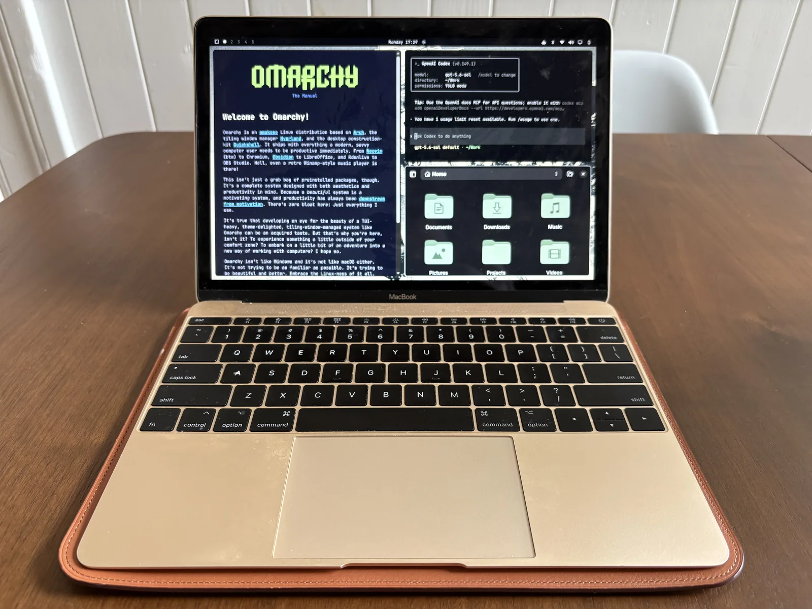 A 2017 12-inch MacBook running Omarchy, with the Omarchy manual, Codex, and a file browser open.