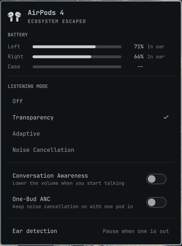 Omapods panel on Omarchy showing AirPods 4 battery levels, listening mode controls, and other settings.